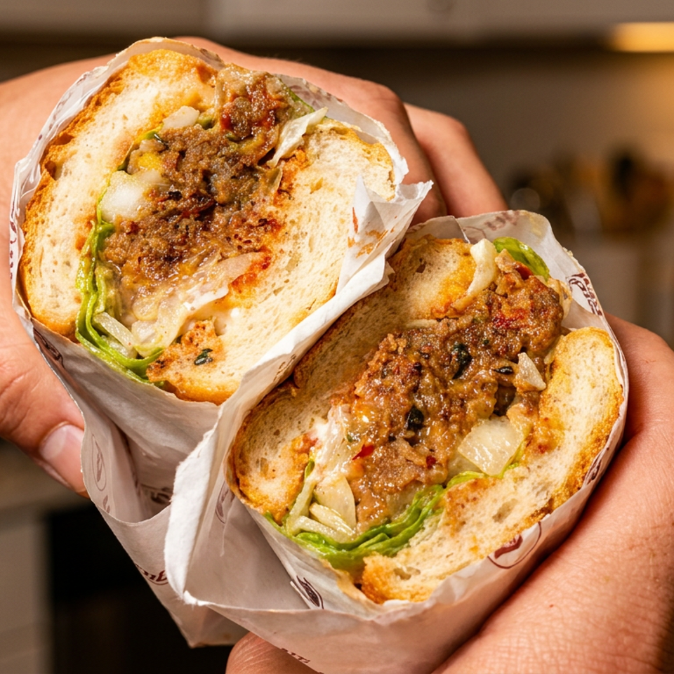 Hands holding a large, cut-in-half sandwich filled with meat, cheese, onions, and lettuce.