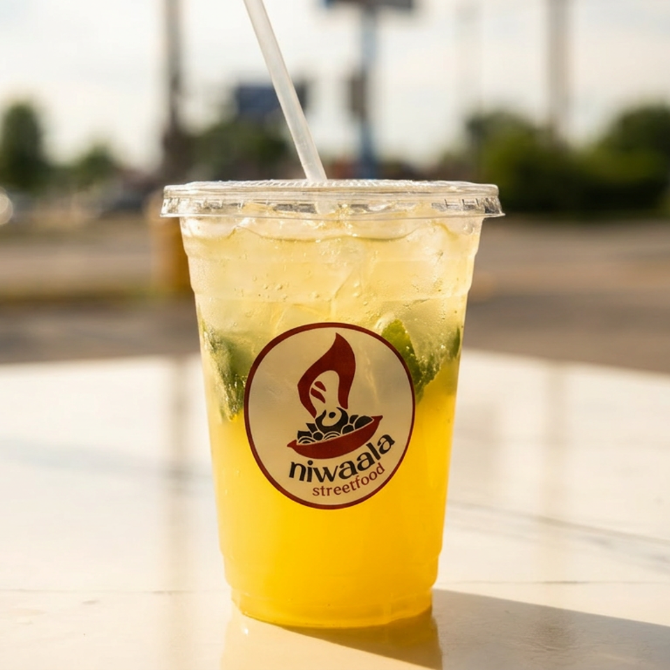 A refreshing yellow drink with mint and ice, branded with the Niwaala Streetfood logo, on a sunny patio.
