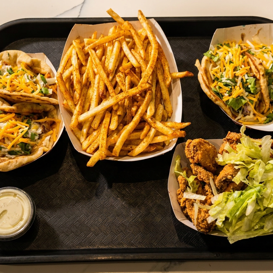 A black tray holds two tacos, a large order of seasoned fries, and fried chicken with lettuce.