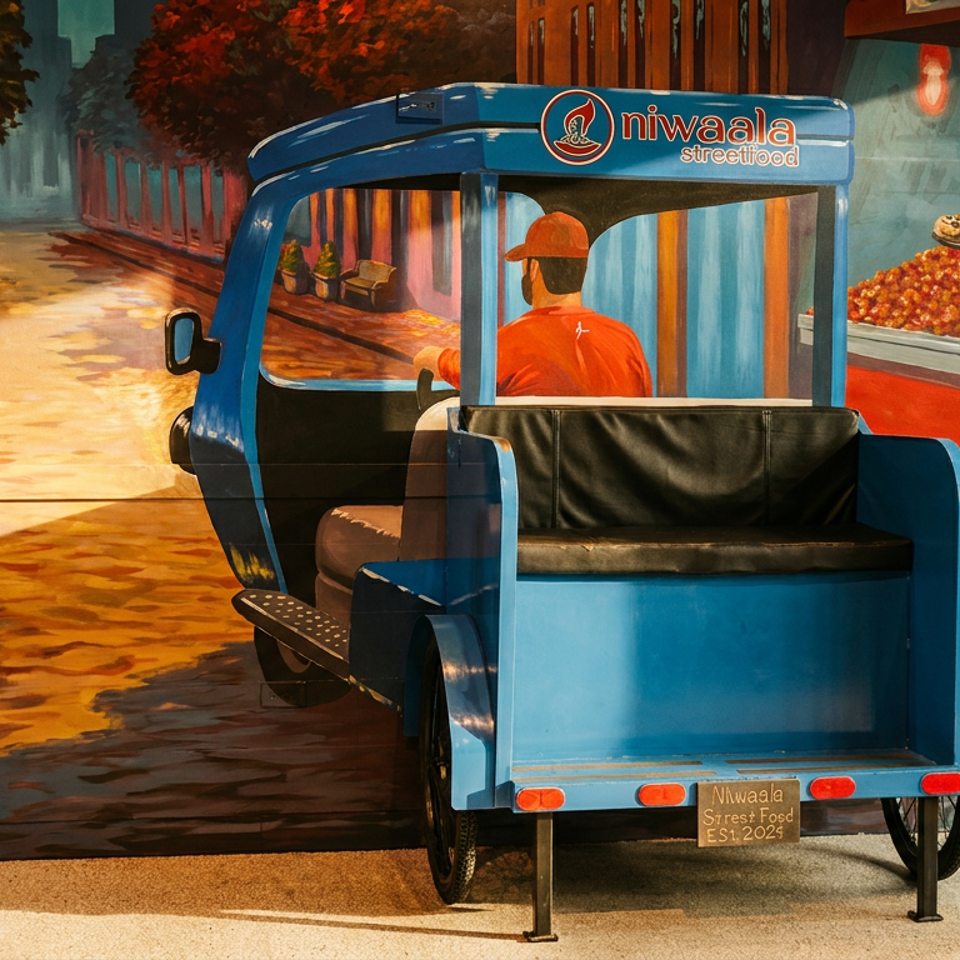 A blue Niwaala Streetfood tuk-tuk is parked against a vibrant mural depicting a street scene and food stall.